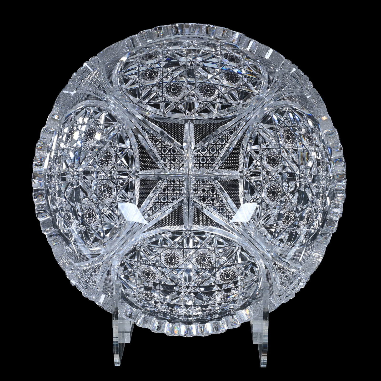 Bowl, ABCG, Excellent Quality Blank: Bowl, American Brilliant Cut Glass, Excellent Quality Blank, 4.75" x 10", Four Incredible Sections Featuring Circular Hobstar Cluster With Cane And Strawberry Diamond Highlights, California Private Co