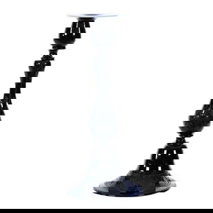 Candle Stick Holder, Acid Cut Nubian Black Art Glass By Sinclaire: Candle Stick Holder, Acid Cut Nubian Black Art Glass By Sinclaire, 13.25" x 5.75", Engraved Floral Basket Decor, Applied White Rim, California Private Collection.