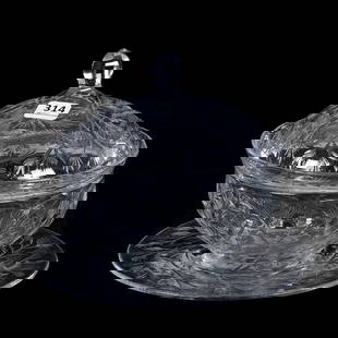 Covered Dish W/ Matching Underplate, ABCG, Signed Hawkes, Engraved Underwater Decor: Covered Dish W/ Matching Underplate, American Brilliant Cut Glass, Signed Hawkes, 6.5" x 7.5 ", Engraved Underwater Decor, Features Alligator Gar, Exactly As Featured In A Study Of American Cut Glass