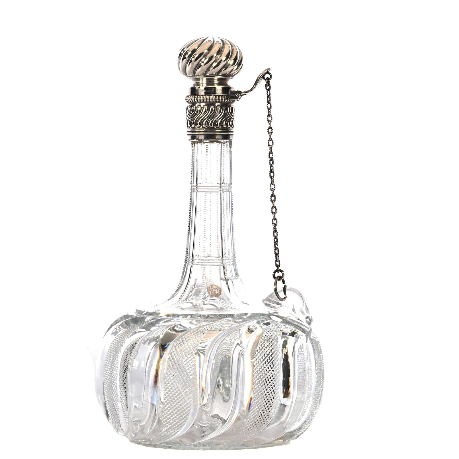Chain Decanter, ABCG, Swirled Tusk & Strawberry Diamond Motif: Chain Decanter, American Brilliant Cut Glass, Swirled Tusk & Strawberry Diamond Motif, 9.25" x 5.25", Sterling Silver Flip Lid Marked Gorham, Ray Cut Base, Nice Quality, Eleanor Eulau Collection.