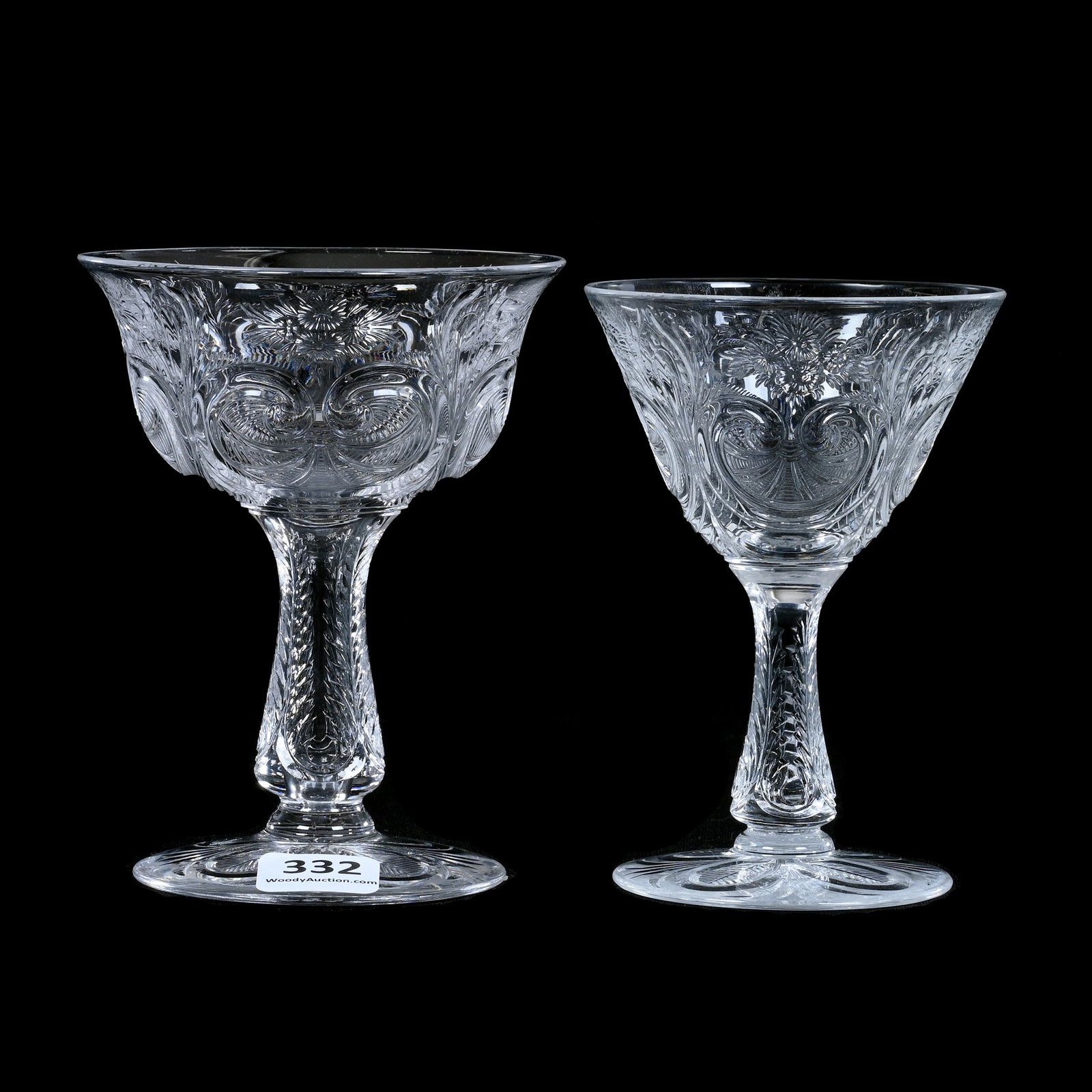 (2) Wine Stems, ABCG, Signed Hawkes, Engraved Rococo And Floral Design: (2) Wine Stems, American Brilliant Cut Glass, Signed Hawkes, Engraved Rococo And Floral Design, Different Forms, Pattern Engraved Stems And Foot, (1) 4.5" X 3.5", (2) 4.25" X 3", California Private Co