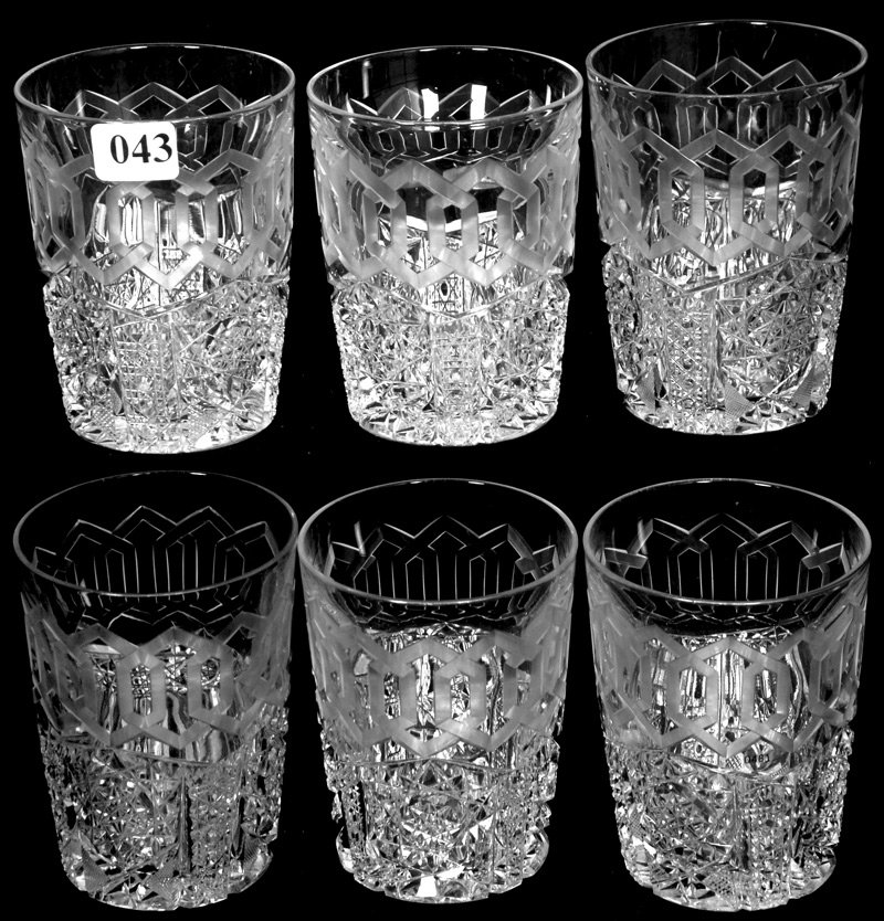 (6) AMERICAN BRILLIANT CUT GLASS TUMBLERS: ALHAMBRA (GREEK KEY) PATTERN BY MERIDEN - SIZES RANGE FROM 3 3/4" TO 3 7/8" - SLIGHT COLOR VARIATIONS - GOOD CONDITION