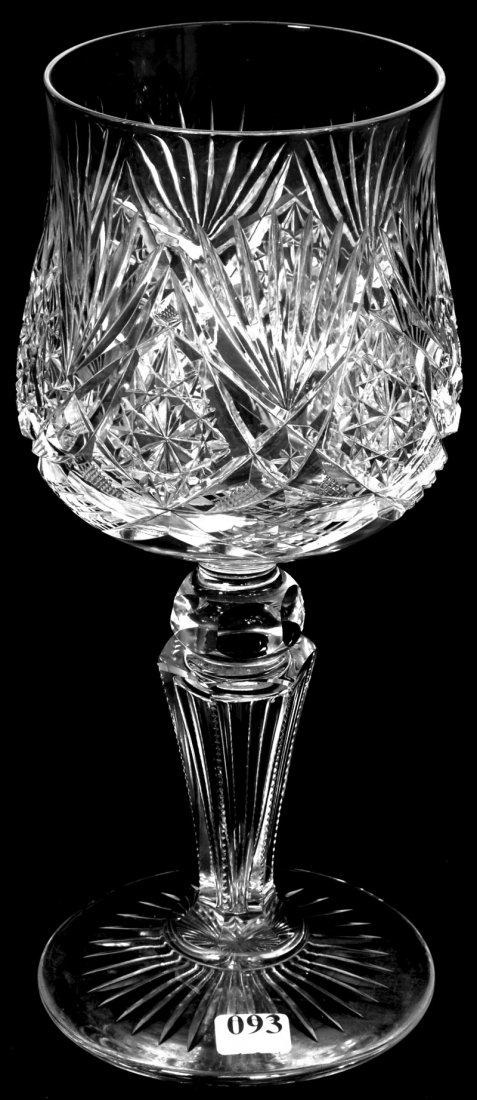 11 1/2" CUT GLASS LARGE CHALICE BY VAL ST. LAMBERT: HOBSTAR, STRAWBERRY DIAMOND, CROSS CUT DIAMOND, STAR AND FAN MOTIF - EXACT PATTERN AND SHAPE IN ACGA CATALOG, PG. 159, III 10