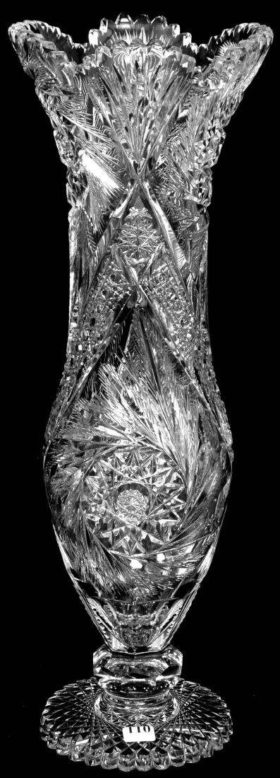 19 3/4" AMERICAN BRILLIANT CUT GLASS PEDESTAL VASE: HOBSTAR WITH MODIFIED PINWHEEL HIGHLIGHTS - CANE AND FAN DECOR - SCALLOP HOBSTAR FOOT - NICE SIZE