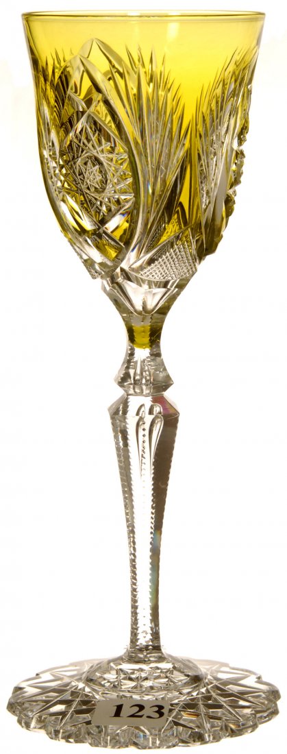 8 1/4" YELLOW CUT TO CLEAR RHINE WINE GLASS: HOBSTAR, VESICA, STRAWBERRY DIAMOND AND FAN MOTIF - SCALLOPED HOBSTAR BASE - ATTRIBUTED TO VAL ST. LAMBERT