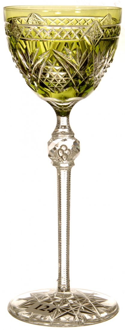 8 1/2" GREEN CUT TO CLEAR RHINE WINE GLASS: DIAMOND AND FAN MOTIF - FACETED CUT KNOB AND TEARDROP STEM - HOBSTAR BASE - ATTRIBUTED TO VAL ST. LAMBERT