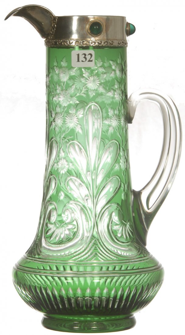12" EMERALD GREEN CUT TO CLEAR PITCHER: QUALITY ENGRAVED FLORAL DECOR WITH ROCOCO HIGHLIGHTS - STERLING RIM AND SPOUT WITH THREE INSET EMERALD JEWELS - ATTRIBUTED TO STEVENS AND WILLIAMS - EXTRA NICE