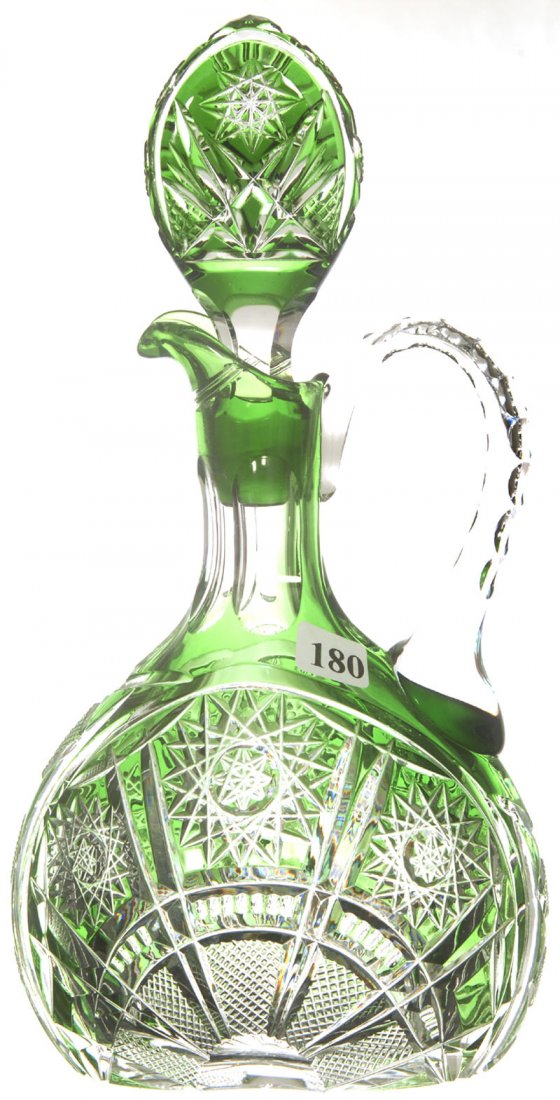 11" GREEN CUT TO CLEAR FLASK SHAPED DECANTER: HOBSTAR, STRAWBERRY DIAMOND AND GEOMETRIC MOTIF - PATTERN CUT STOPPER - ATTRIBUTED TO VAL ST. LAMBERT