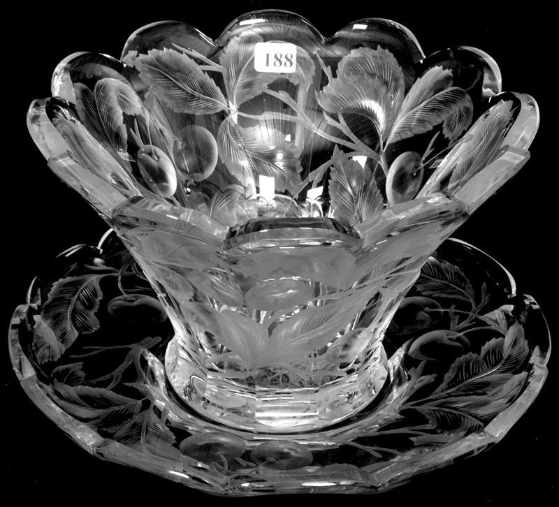 VERY RARE: 6 3/4" X 11" SIGNED LIBBEY AMERICAN BRILLIANT CUT GLASS SALAD BOWL AND UNDERPLATE - EXCEPTIONAL INTAGLIO CHERRY PATTERN DECOR - WONDERFUL BLANK