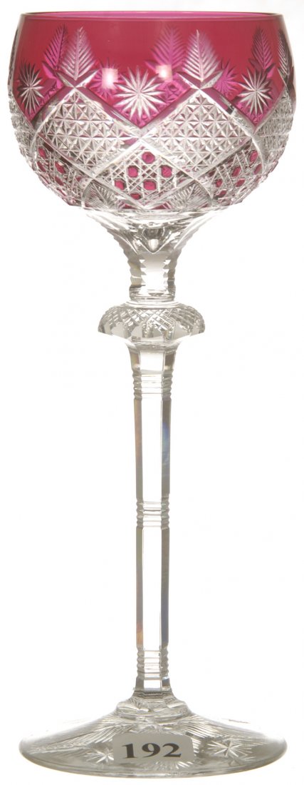 8" CRANBERRY CUT TO CLEAR RHINE WINE GLASS: DIAMOND, CANE, STAR AND FEATHER MOTIF - NOTCHED DISC STEM - PATTERN CUT BASE - ATTRIBUTED TO VAL ST. LAMBERT