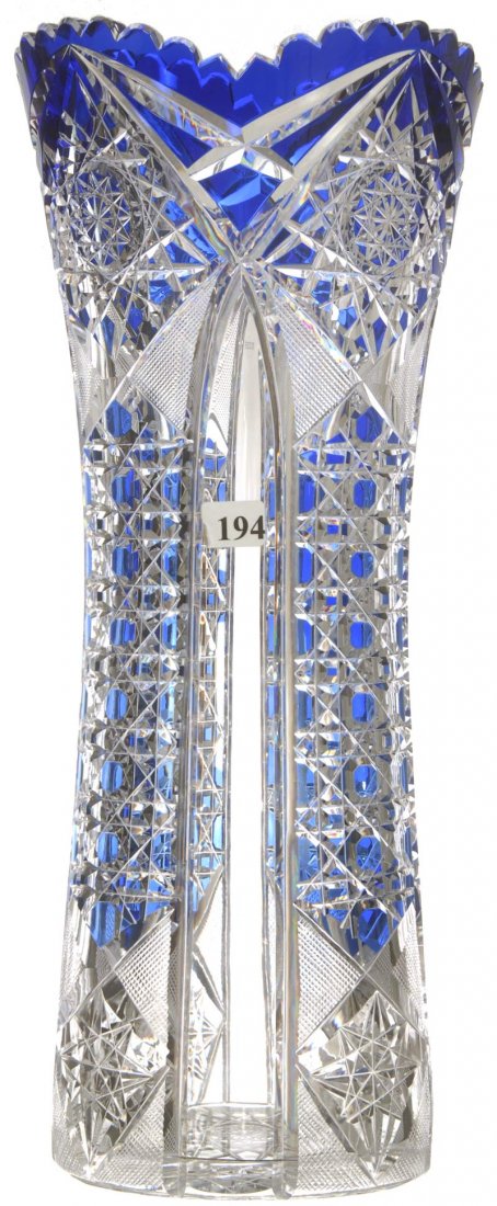 15 3/4" BLUE CUT TO CLEAR CORSET SHAPED VASE: HOBSTAR, STRAWBERRY DIAMOND, CANE AND FLAT PANEL MOTIF - HOBSTAR BASE - ATTRIBUTED TO VAL ST. LAMBERT