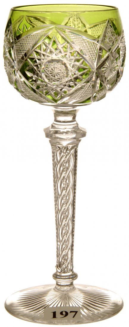 7 1/4" GREEN CUT TO CLEAR RHINE WINE GLASS: HOBSTAR, STRAWBERRY DIAMOND, STAR AND VESICA MOTIF - AIR TWIST STEM - ATTRIBUTED TO VAL ST. LAMBERT