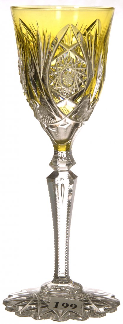 8 1/4" YELLOW CUT TO CLEAR RHINE WINE GLASS: HOBSTAR, VESICA, STRAWBERRY DIAMOND AND FAN MOTIF - SCALLOPED HOBSTAR BASE - ATTRIBUTED TO VAL ST. LAMBERT