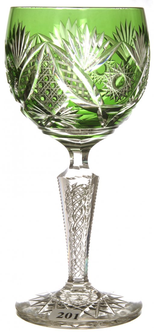 9" GREEN CUT TO CLEAR TOASTING CHALICE: HOBSTAR, VESICA, CANE AND FAN MOTIF - AIR TWIST STEM - HOBSTAR BASE