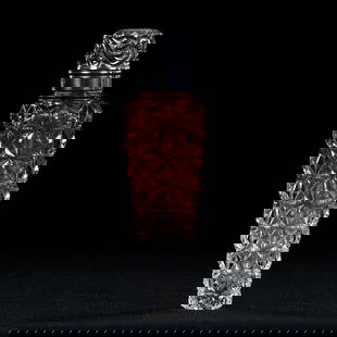 Lay Down Perfume Bottle, BPCG, Apricot Shading To Clear, Diamond Cut Pattern: Lay Down Perfume Bottle, Brilliant Period Cut Glass, Apricot Shading To Clear, Diamond Cut Pattern, 3.5" x 1", Sterling Silver Flip Top Marked L. Lowe (Larry Lowe) Salem, Original Glass Stopper, Elean