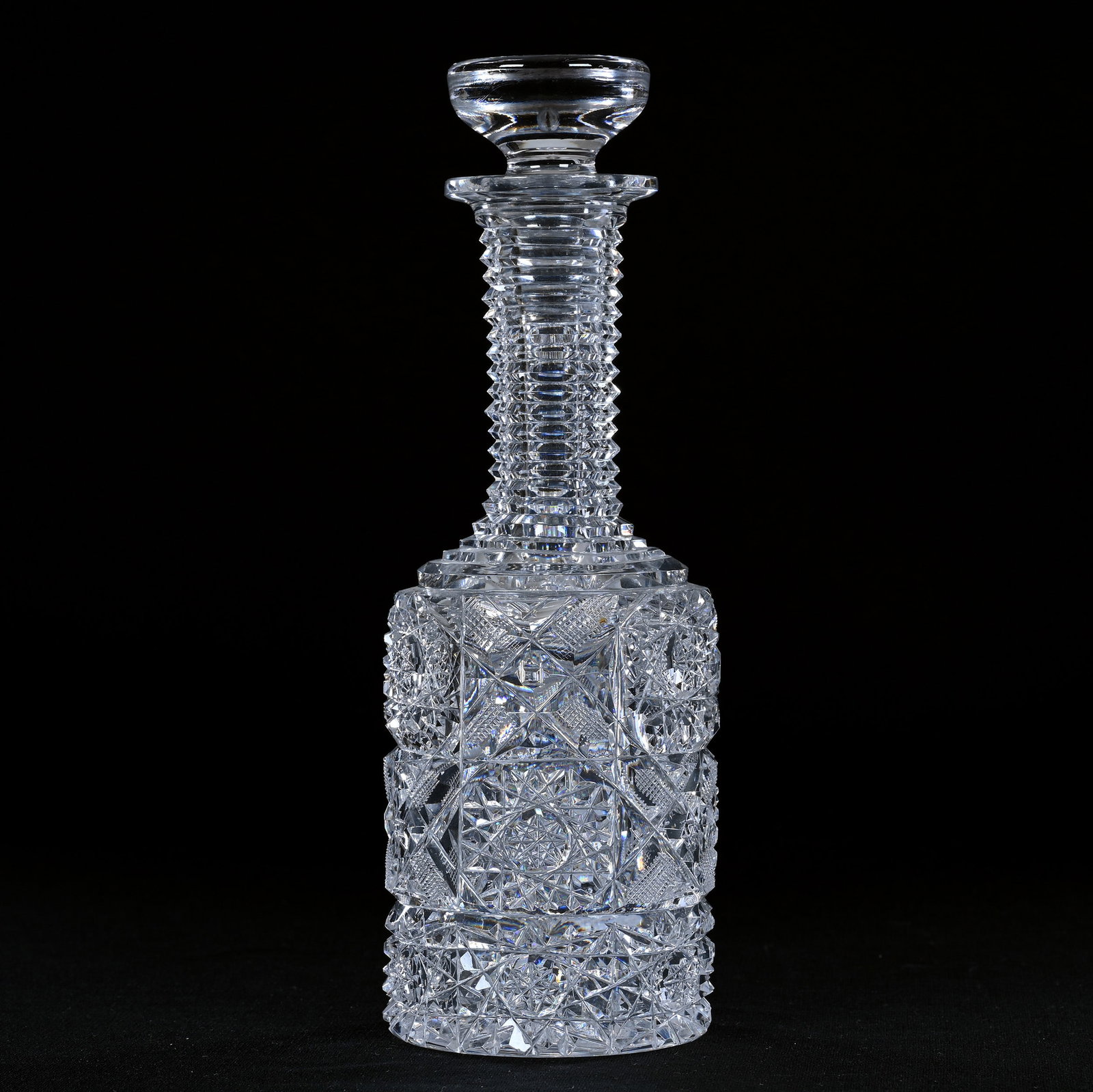 Sauce Bottle, American Brilliant Cut Glass, Arcadia Type Pattern: Sauce Bottle, American Brilliant Cut Glass, Arcadia Type Pattern, 8" x 2.75", Step Cut Neck, Ray Cut Base, Eleanor Eulau Collection.