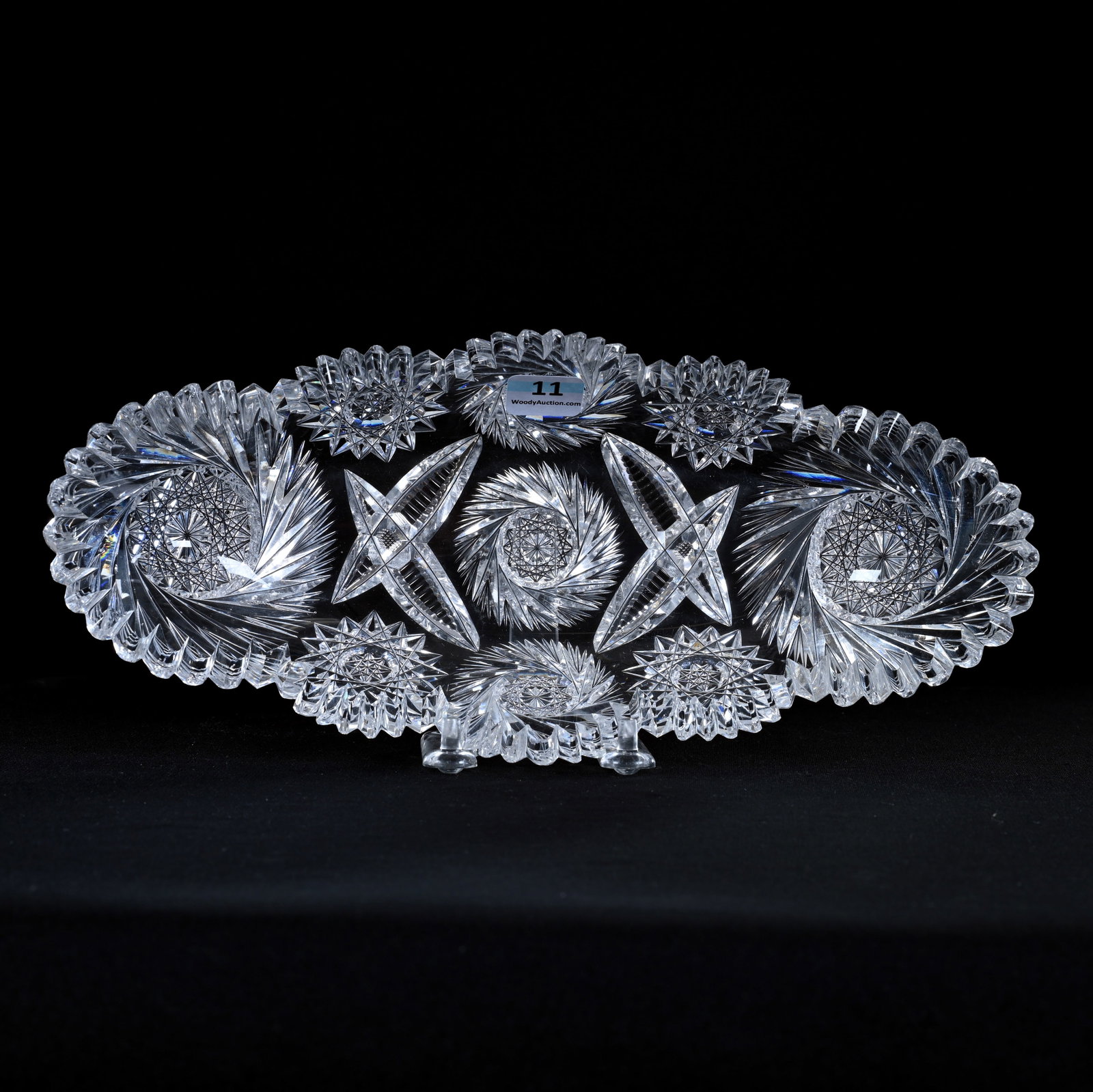 Celery Tray, American Brilliant Cut Glass, Belmont Pattern By Pitkin And Brooks: Celery Tray, American Brilliant Cut Glass, Belmont Pattern By Pitkin And Brooks, 11" x 4.75", Two Tooth Chips, Eleanor Eulau Collection.