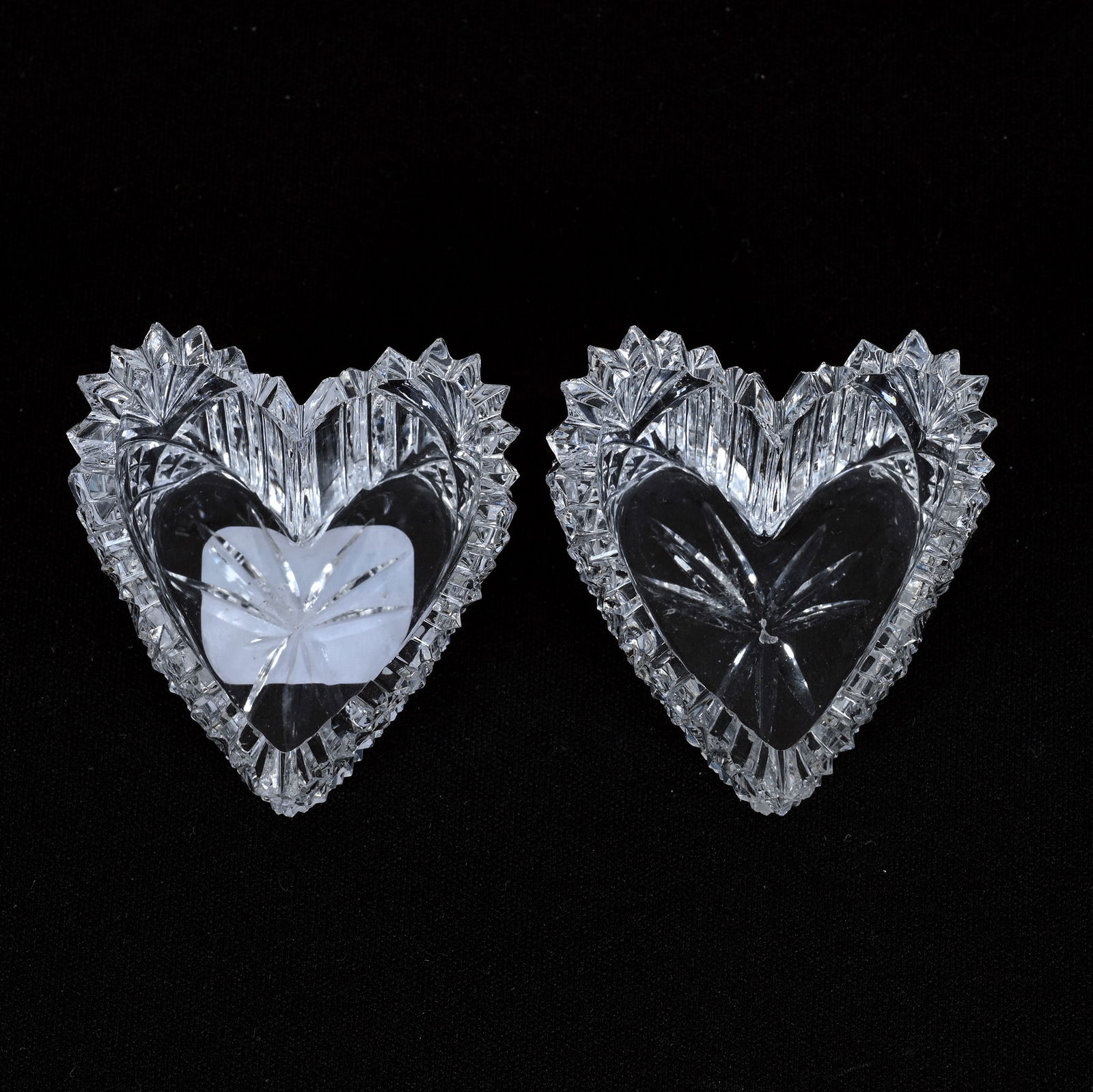 Pair Salt Dips, American Brilliant Cut Glass, Heart Shape, Crosscut Diamond And Fan Motif (1 of 5)