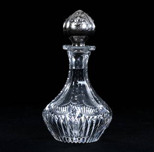 Perfume Bottle, American Brilliant Cut Glass, Flute And Miter Motif, Gorham Embossed Sterling Silver: Perfume Bottle, American Brilliant Cut Glass, Flute And Miter Motif, Gorham Embossed Sterling Silver Stopper, 4.5" x 2.5", Ray Cut Base, Eleanor Eulau Collection.