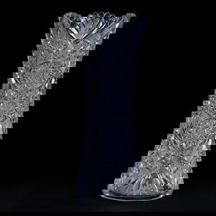 Vase, American Brilliant Cut Glass, Hobstar, Vesica, Strawberry Diamond And Fan Motif: Vase, American Brilliant Cut Glass, Hobstar, Vesica, Strawberry Diamond And Fan Motif, 14" x 5.5", Ray Cut Base, One Tooth With Outside Rim Chip, Eleanor Eulau Collection.