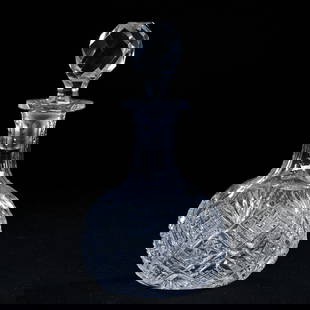 Perfume Bottle, American Brilliant Cut Glass, Hobstar, Crosscut Diamond And Fan Motif: Perfume Bottle, American Brilliant Cut Glass, Hobstar, Crosscut Diamond And Fan Motif, 4.75" x 2.75", Ray Cut Base, Roughness On Rim, Eleanor Eulau Collection.