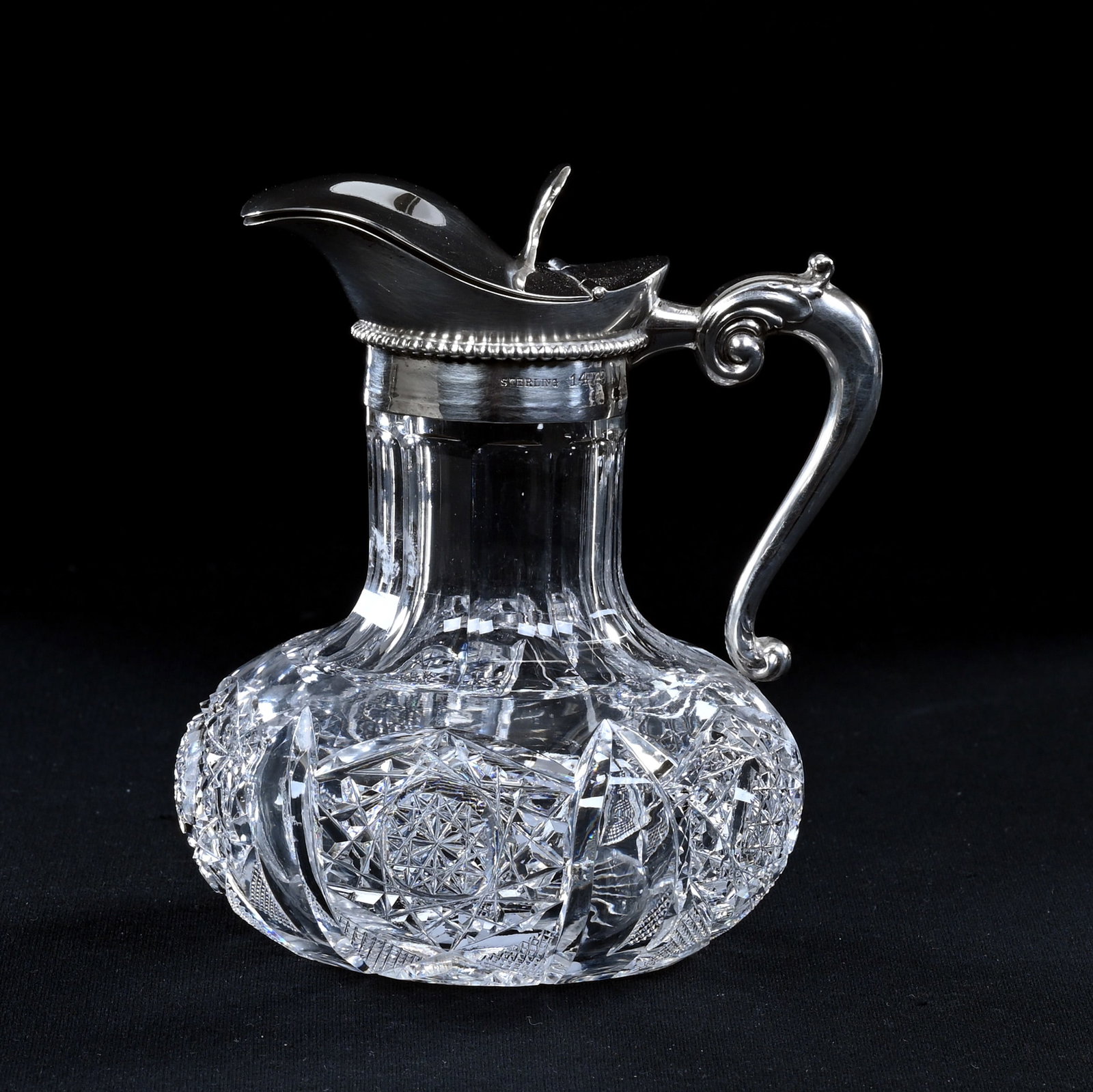 Syrup Jug, American Brilliant Cut Glass, Hobstar, Strawberry Diamond And Panel Motif: Syrup Jug, American Brilliant Cut Glass, Hobstar, Strawberry Diamond And Panel Motif, 4.75" x 4", Sterling Silver Spout, Lid And Handle, Ray Cut Base, Pattern #1373, Nearly Identical As Featured In AC