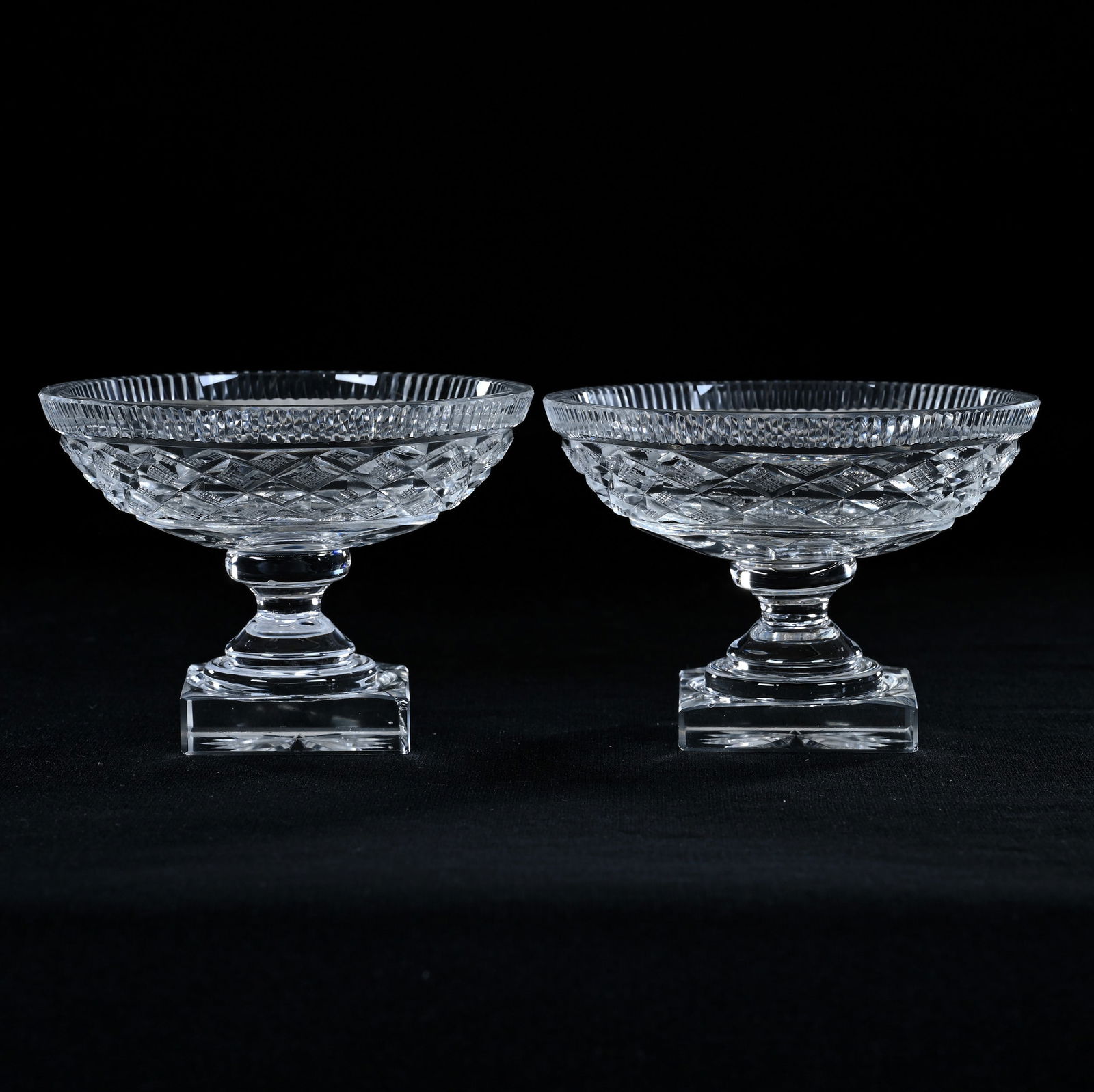 Pair Of Pedestal Salt Dips, American Brilliant Cut Glass, Strawberry Diamond And Miter Motif (1 of 4)