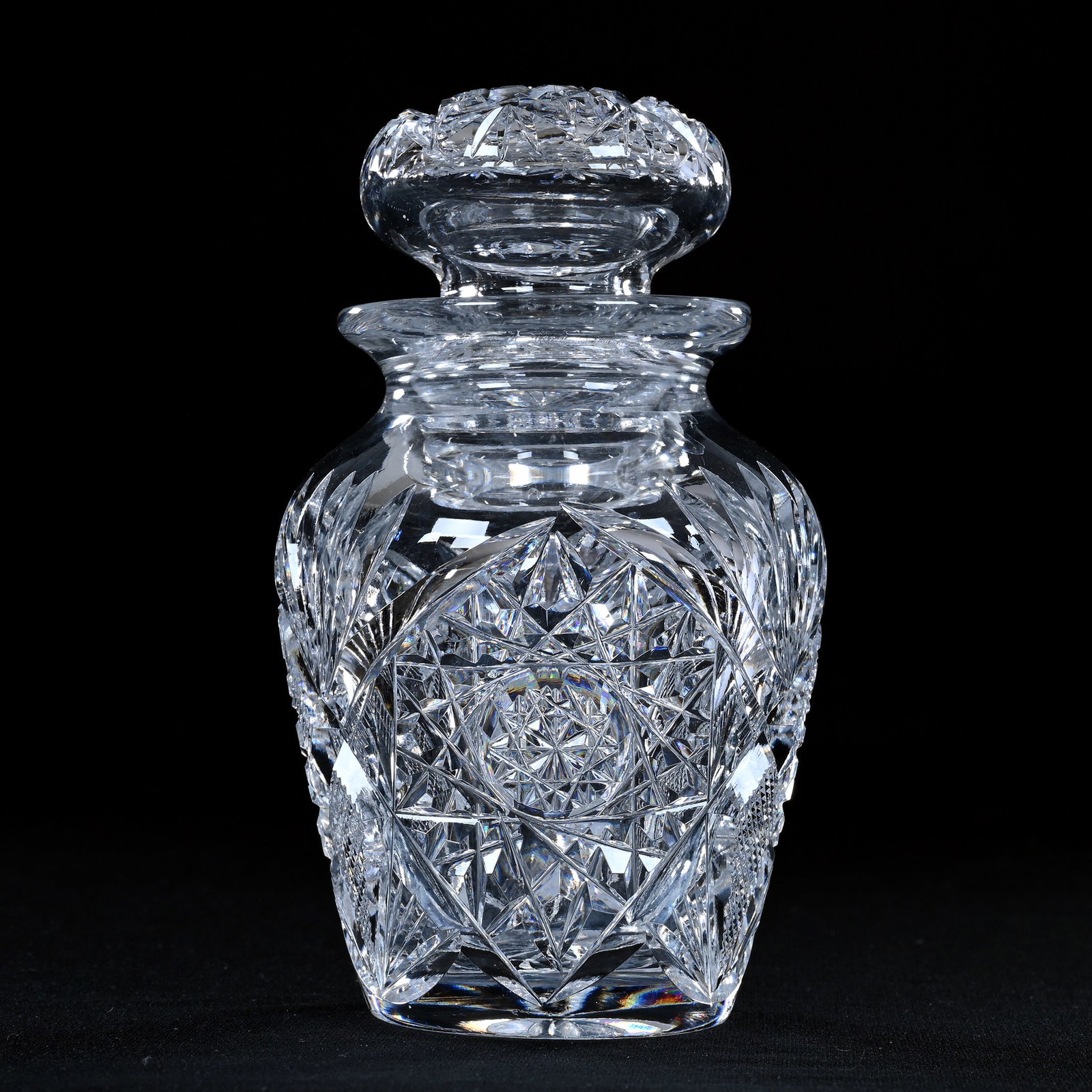 Cherry Jar, American Brilliant Cut Glass, Hobstar, Strawberry Diamond, And Fan Motif: Cherry Jar, American Brilliant Cut Glass, Hobstar, Strawberry Diamond, And Fan Motif, 5" x 3", Hobstar Cut Lid, Ray Cut Base, Eleanor Eulau Collection.