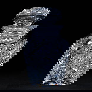 Cherry Jar, American Brilliant Cut Glass, Hobstar, Strawberry Diamond, And Fan Motif: Cherry Jar, American Brilliant Cut Glass, Hobstar, Strawberry Diamond, And Fan Motif, 5" x 3", Hobstar Cut Lid, Ray Cut Base, Eleanor Eulau Collection.