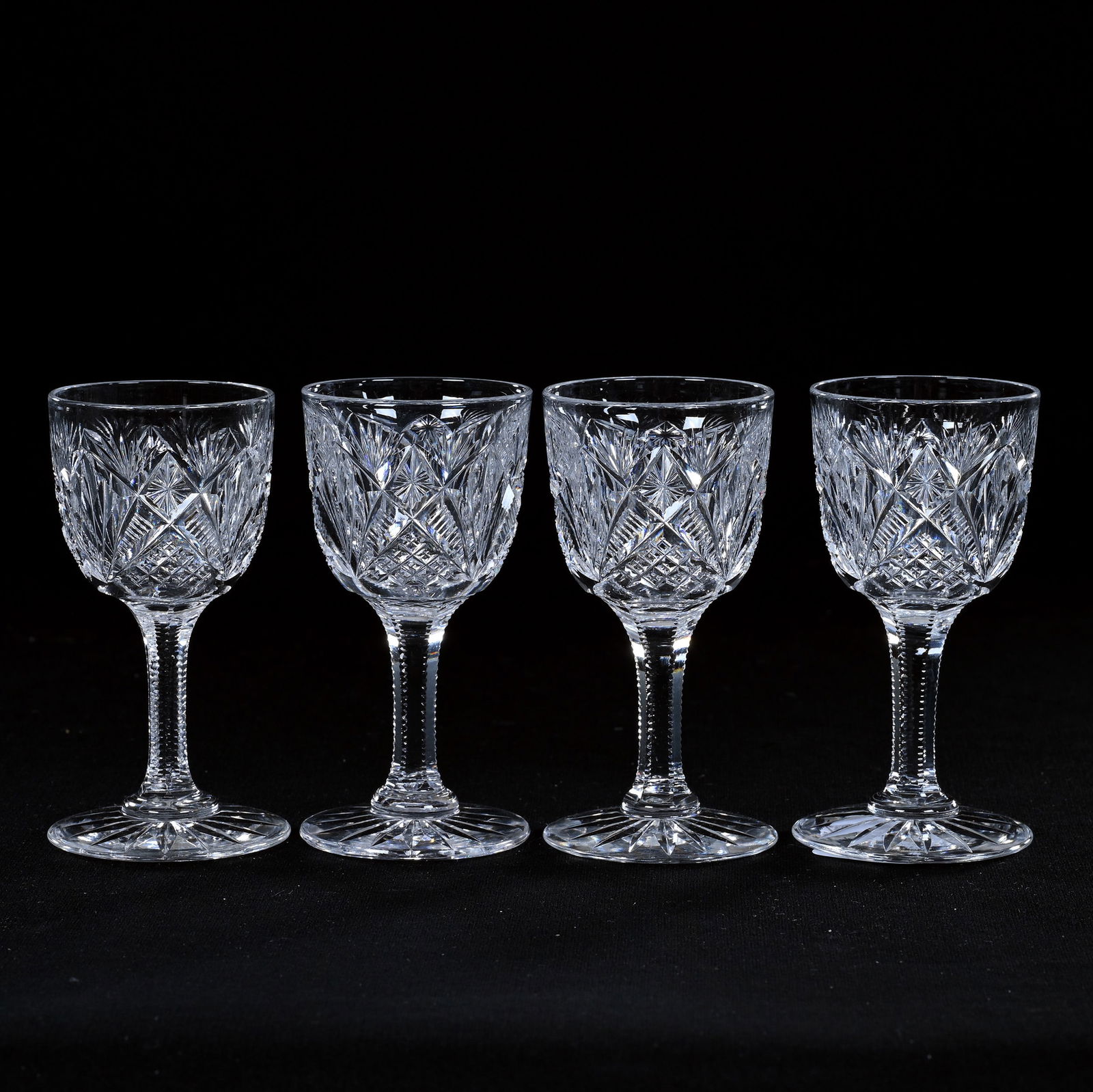 (4) Cordial Stems, American Brilliant Cut Glass, Cross Cut Diamond, Zipper, Star, And Fan Motif (1 of 3)