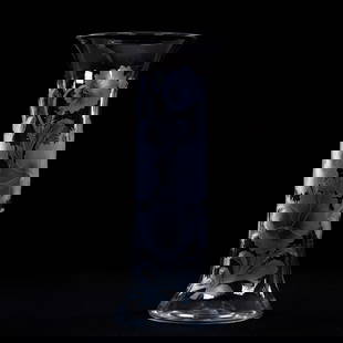 Vase, Attributed To Locke Art Glass, Etched Crystal In Poppy Pattern: Vase, Attributed To Locke Art Glass, Etched Crystal In Poppy Pattern, 12" x 5", Polished Pontil Base, Clear Blank, No Signature Located, Eleanor Eulau Collection.