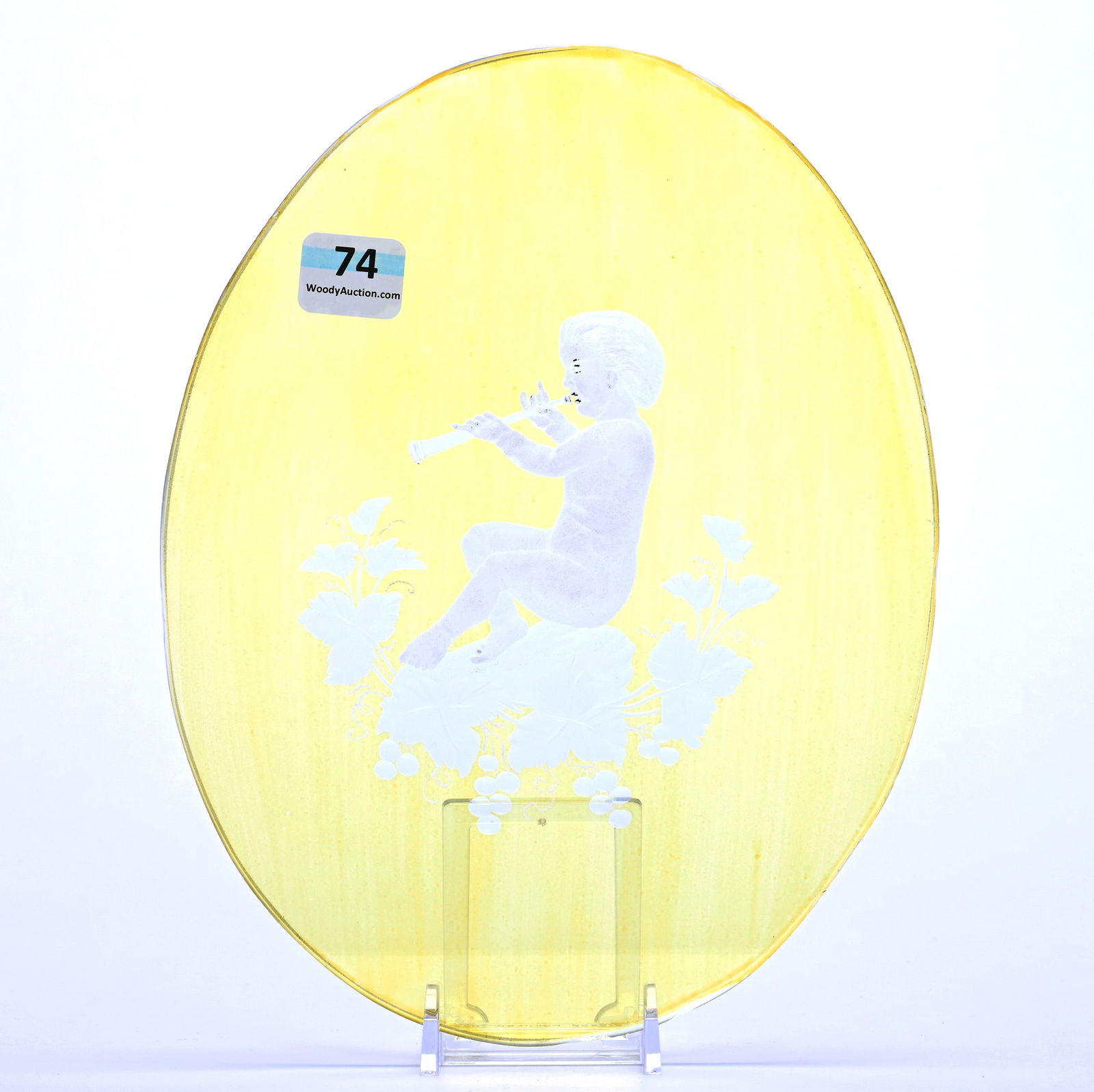 Oval Cut Glass Plaque, Yellow Engraved To Clear Featuring Child Playing Flute (1 of 3)