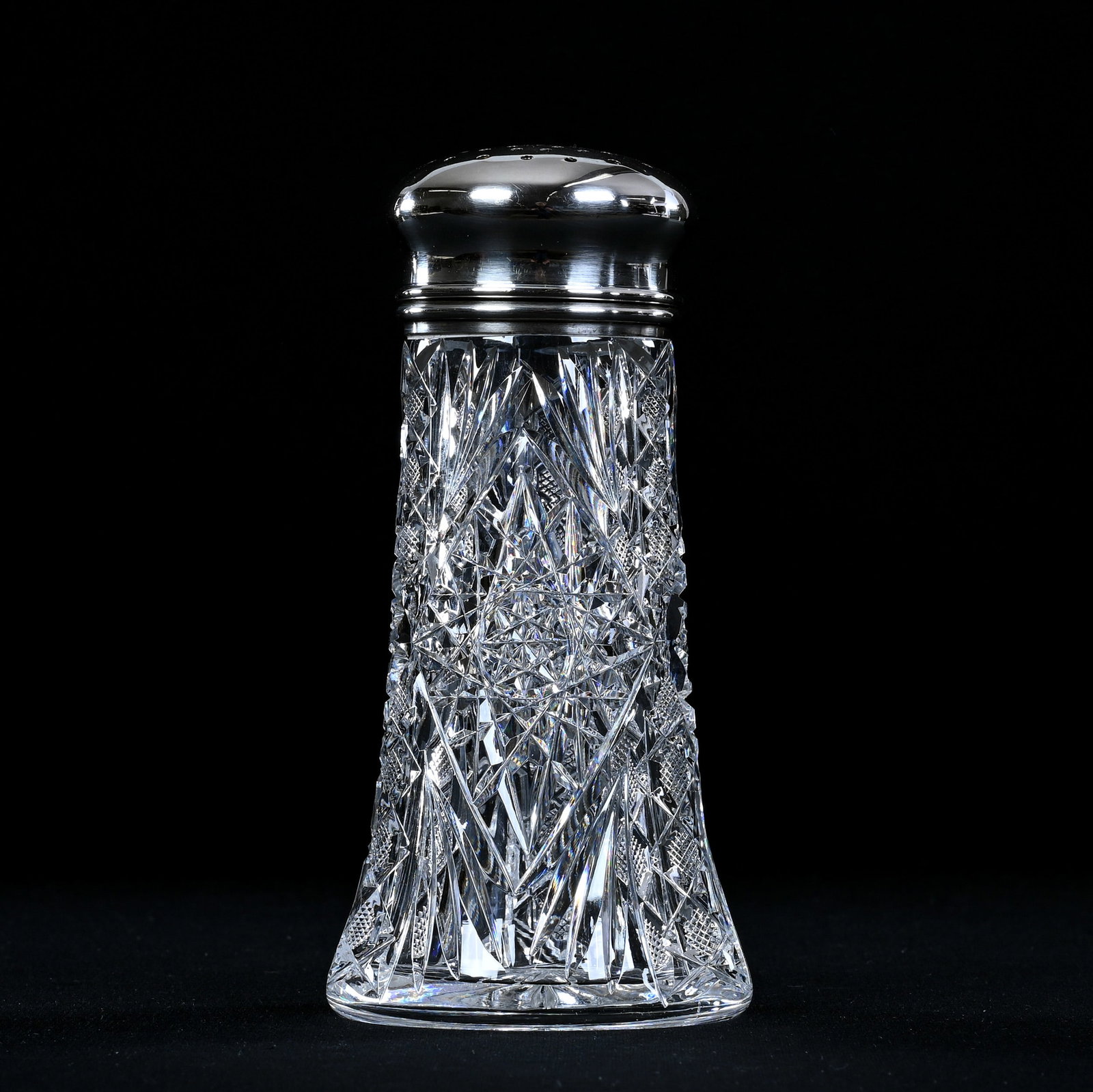 Sugar Shaker, American Brilliant Cut Glass, Hobstar, Strawberry Diamond Buttons And Fan Motif,: Sugar Shaker, American Brilliant Cut Glass, Hobstar, Strawberry Diamond Buttons And Fan Motif, Sterling Silver Top, 5.5" x 2.75", Eleanor Eulau Collection.