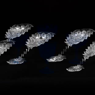 (4) Stems, American Brilliant Cut Glass, All In Bakers Gothic Pattern By Clark, All With Hobstar: (4) Stems, American Brilliant Cut Glass, All In Bakers Gothic Pattern By Clark, All With Hobstar Foot, (3) 4.5" x 3.5" Champagne Stems, (1) 4.5" x 2.625" Wine Stem, Eleanor Eulau Collection.