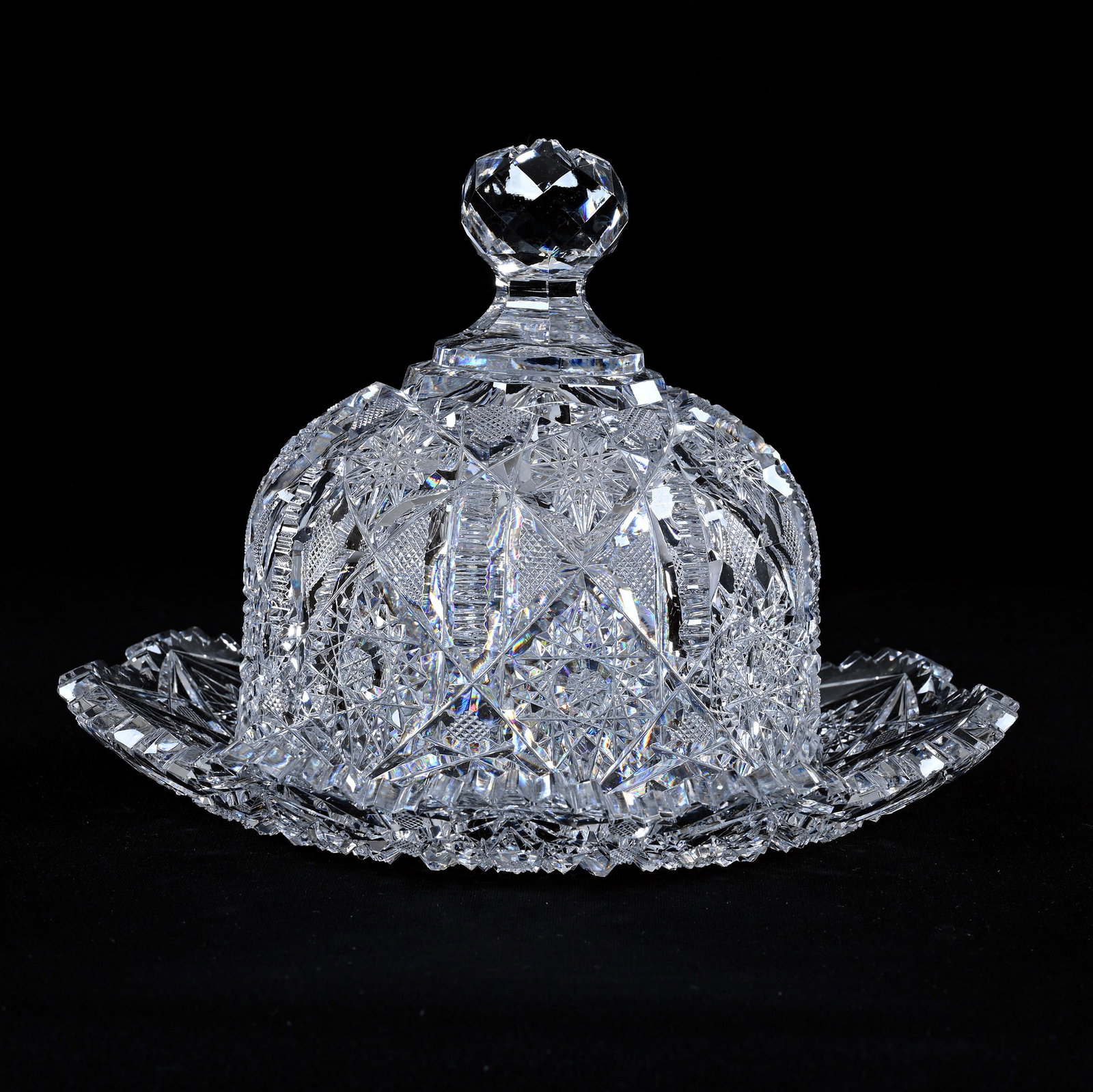 Covered Butterdish, American Brilliant Cut Glass, Juliette Pattern By Irving: Covered Butterdish, American Brilliant Cut Glass, Juliette Pattern By Irving, 5.5" x 8", Hobstar Cut Finial, Rim Nick On Underplate, Lid With Rim Roughness, Eleanor Eulau Collection.