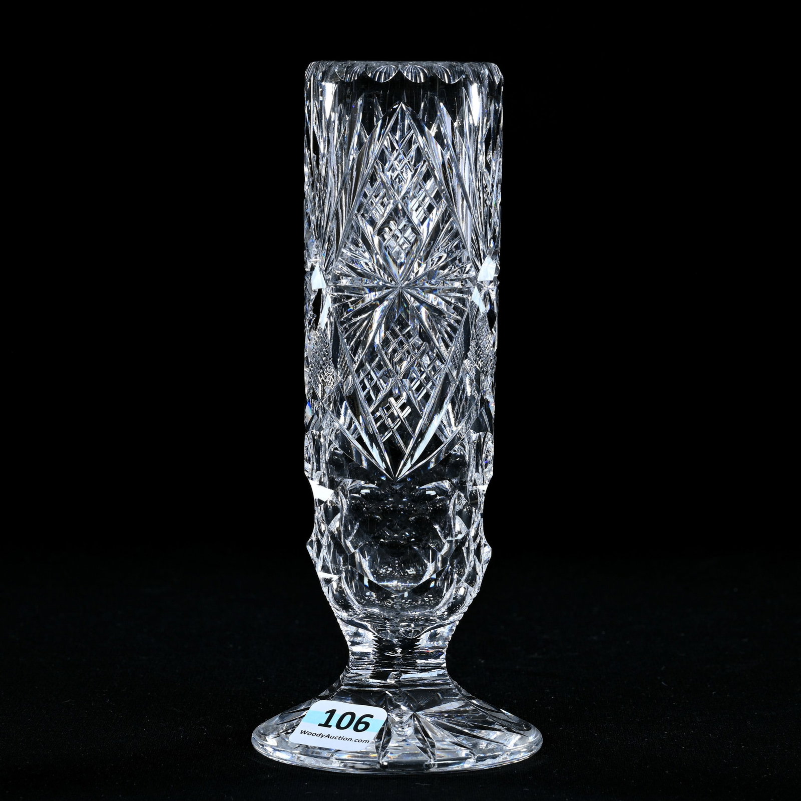Hatpin Holder, American Brilliant Cut Glass, Crosscut Diamond, Strawberry Diamond, St. Louis Diamond: Hatpin Holder, American Brilliant Cut Glass, Crosscut Diamond, Strawberry Diamond, St. Louis Diamond And Fan, 7" x 3", Petticoat Ray Cut Foot, Eleanor Eulau Collection.