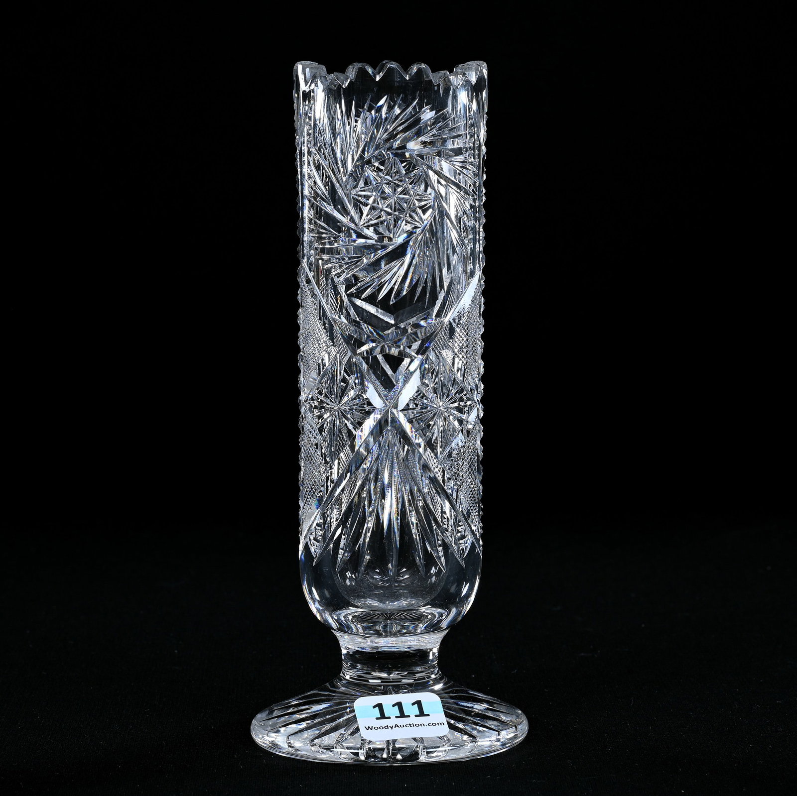 Hatpin Holder, American Brilliant Cut Glass, Pinwheel, Strawberry Diamond, Prism, Star And Fan Motif: Hatpin Holder, American Brilliant Cut Glass, Pinwheel, Strawberry Diamond, Prism, Star And Fan Motif, 7" x 2.75", Ray Cut Foot, Eleanor Eulau Collection.