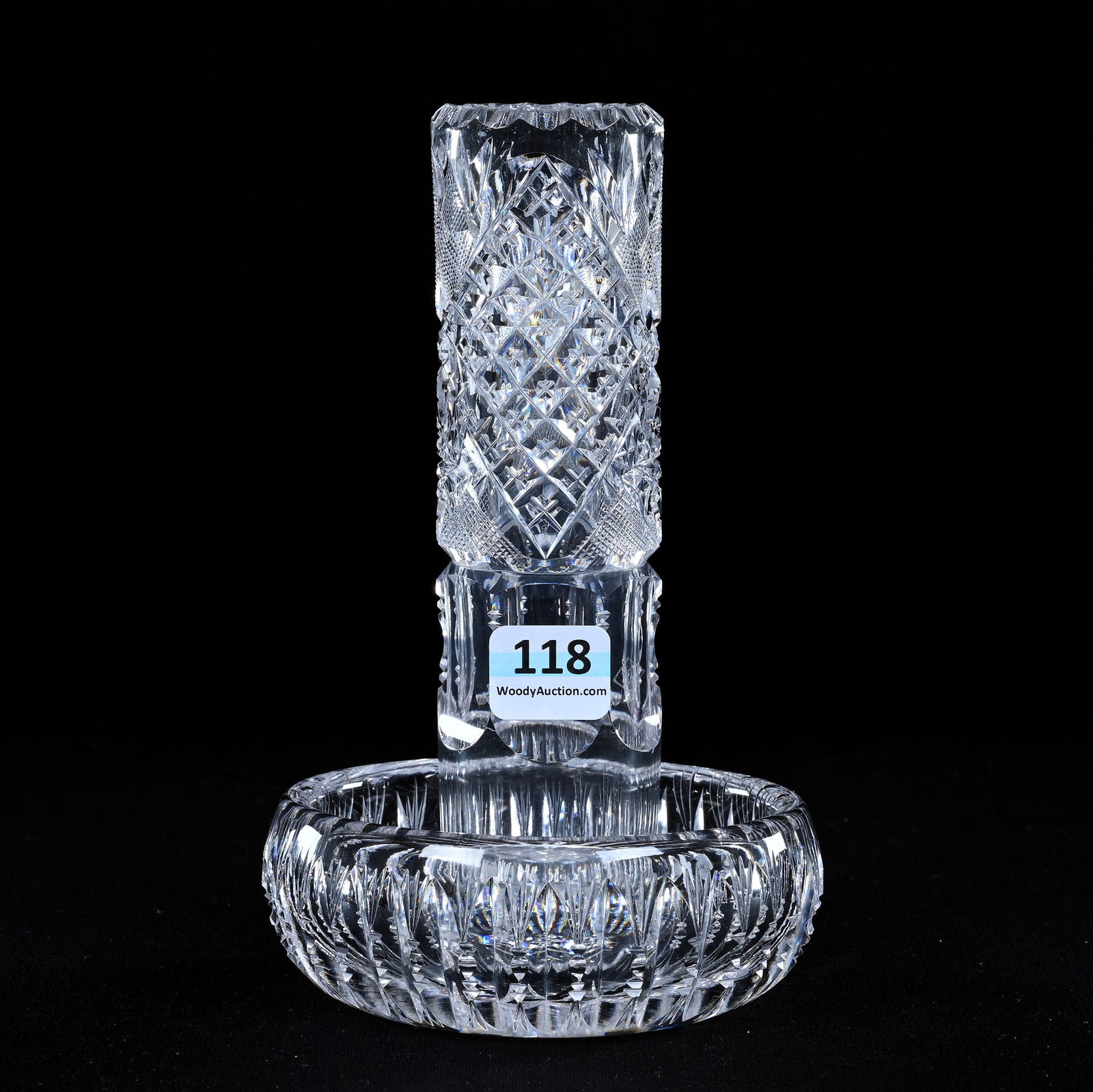 Hatpin Holder/Attached Pin Tray, American Brilliant Cut Glass, Crosscut Diamond, Hobstar, Strawberry (1 of 3)