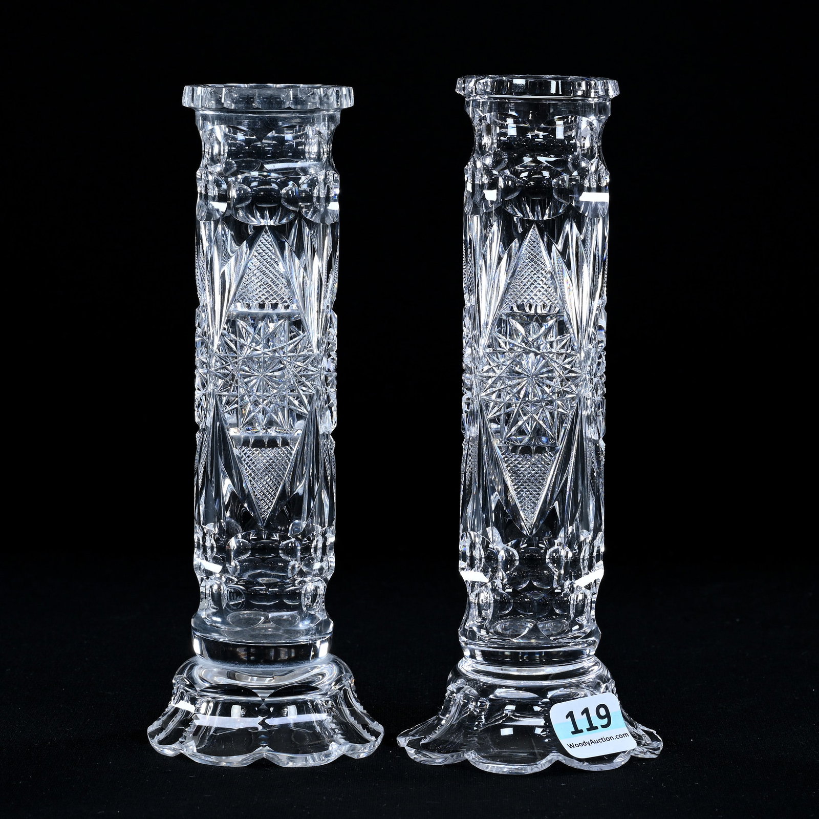 Pair Hatpin Holders, American Brilliant Cut Glass, Signed Libbey Pattern #99: Pair Hatpin Holders, American Brilliant Cut Glass, Signed Libbey Pattern #99, 7" x 2.75" approximately, Exactly As Shown In ACGA Libbey Catalog Reprint, Page 179, Eleanor Eulau Collection.