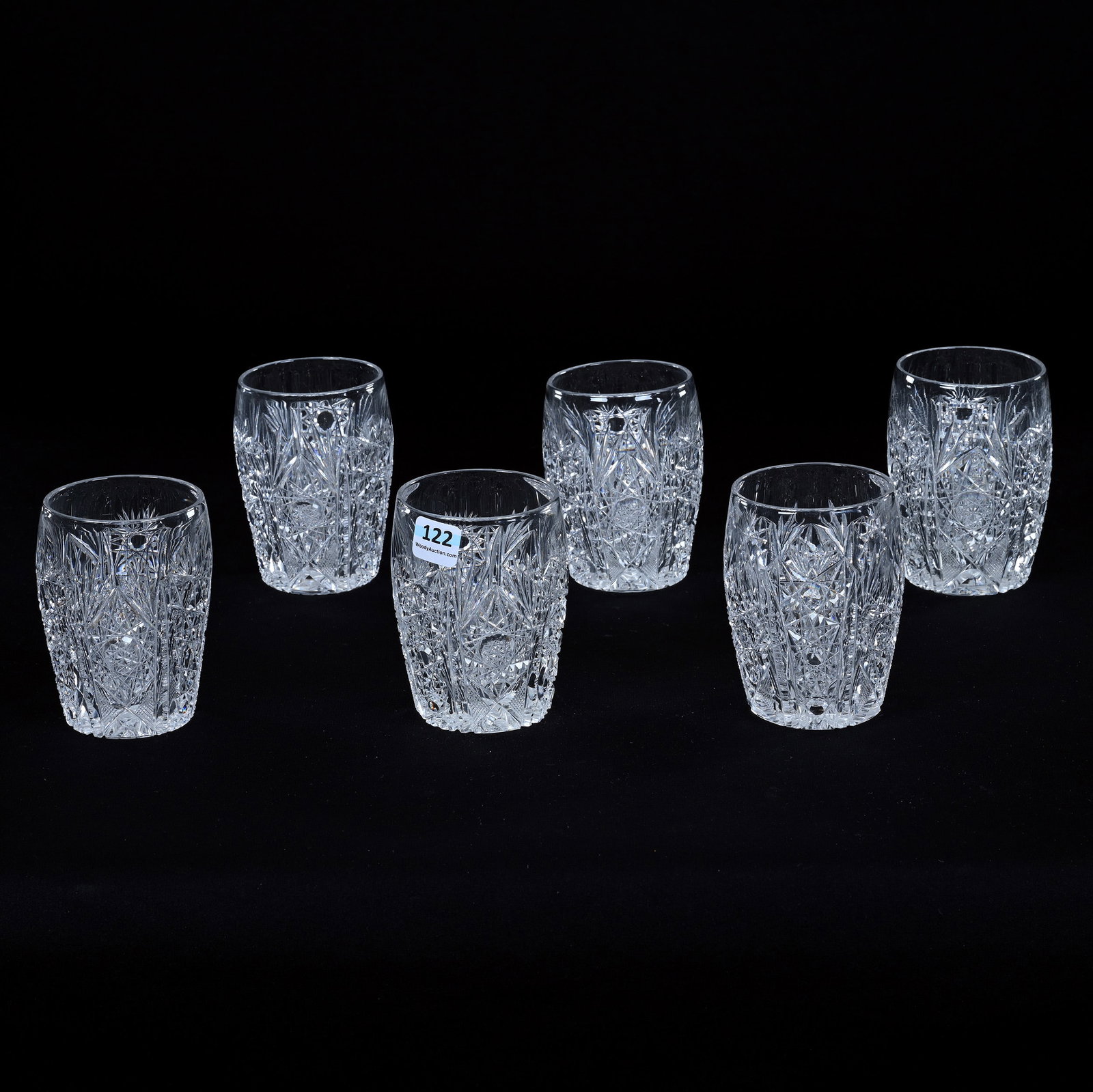 (6) Tumblers, Barrel Shape, American Brilliant Cut Glass, Hobstar, Strawberry Diamond, Prism And Fan: (6) Tumblers, Barrel Shape, American Brilliant Cut Glass, Hobstar, Strawberry Diamond, Prism And Fan Motif, 3.75" x 2.75", Ray Cut Base, California Private Collection.