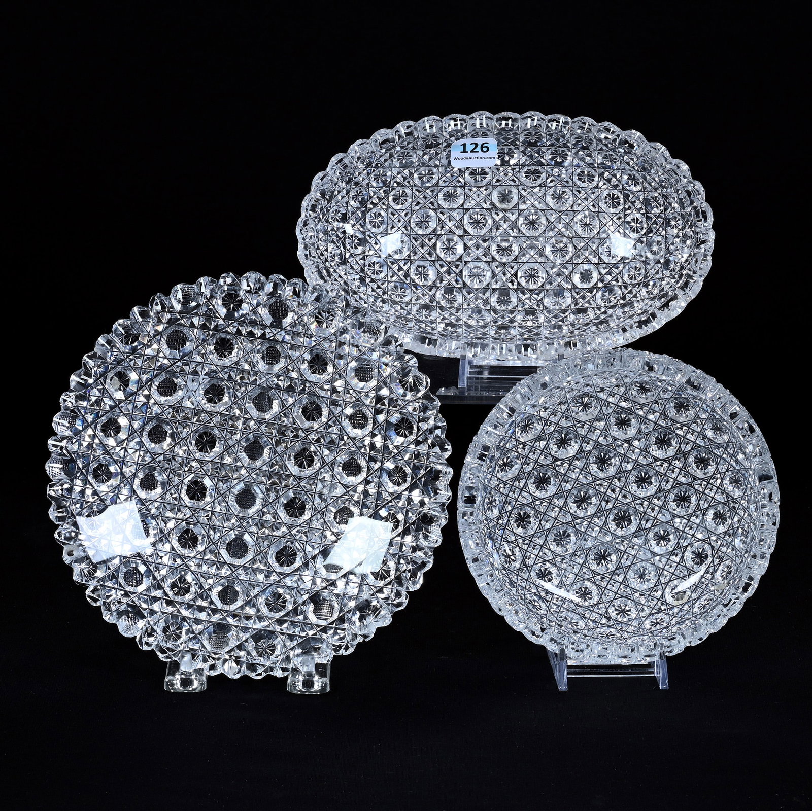 (3) Dishes, American Brilliant Cut Glass, Fully Cut Cane Type Patterns: (3) Dishes, American Brilliant Cut Glass, Fully Cut Cane Type Patterns, (1) 7.25" Plate, (1) 7.75" Relish, Rim Chips, (1) 5.75" Nappy, Tooth Polish, California Private Collection.