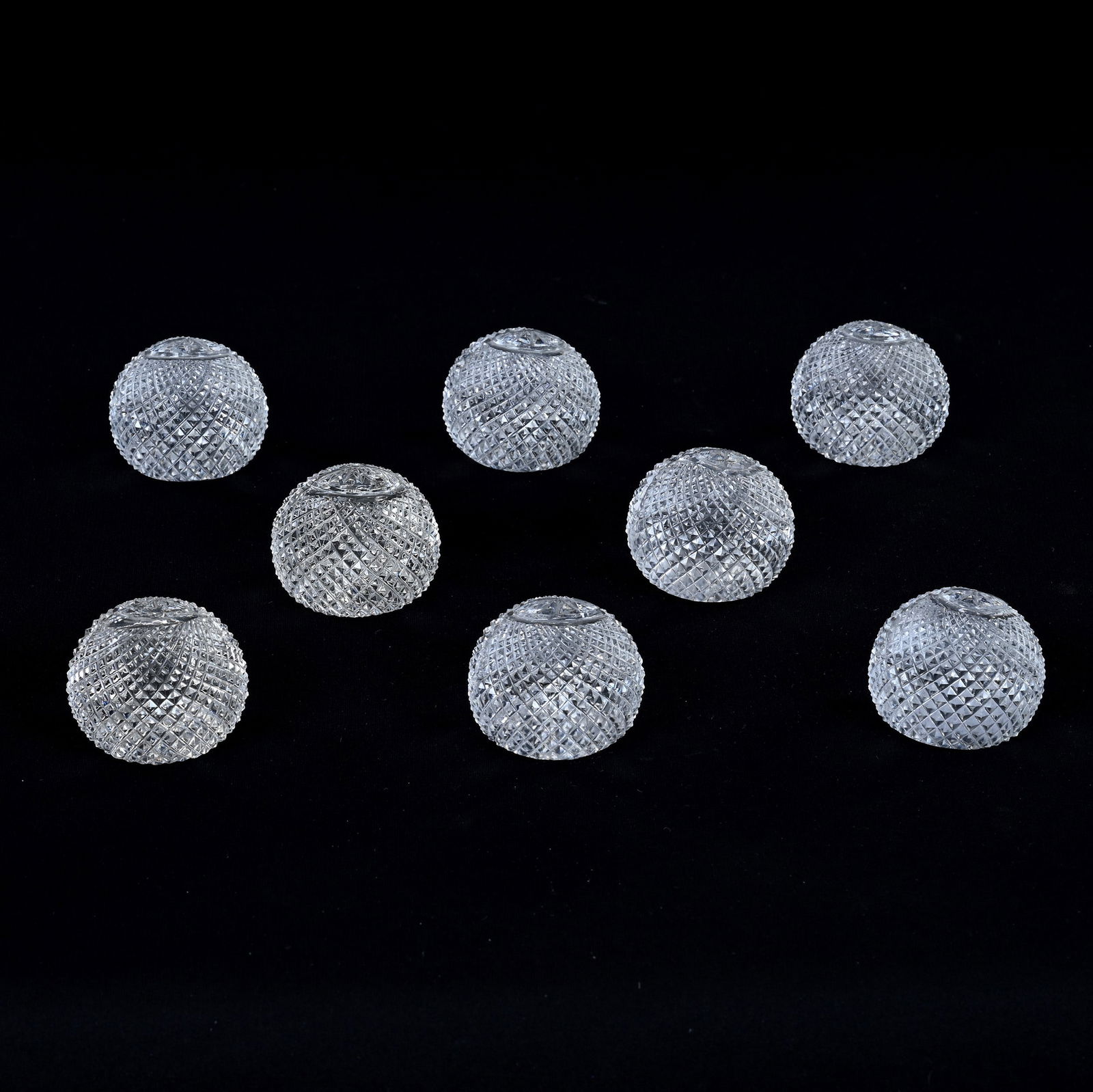 (8) Place Card Holders, Ball Shape, American Brilliant Cut Glass, Full Diamond Cut Motif: (8) Place Card Holders, Ball Shape, American Brilliant Cut Glass, Full Diamond Cut Motif, 1.75", California Private Collection.