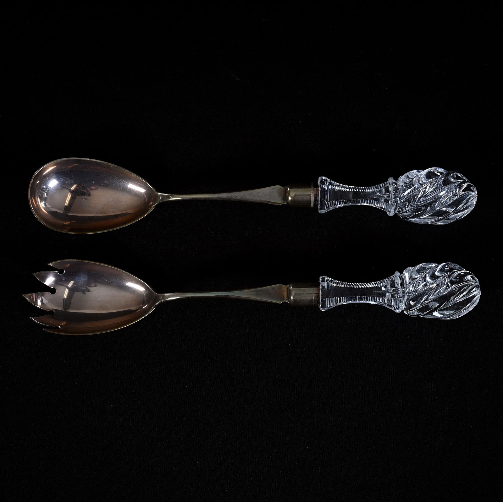 Salad Fork And Spoon, American Brilliant Cut Glass, Silverplate Marked Gorham: Salad Fork And Spoon, American Brilliant Cut Glass, Silverplate Marked Gorham, 11.25", Pattern Resembles Twin City By J. Hoare, California Private Collection.