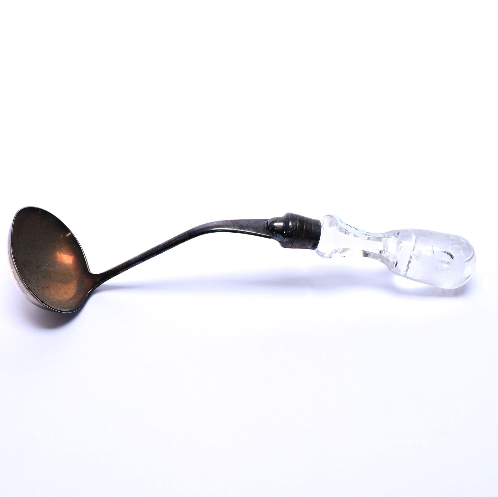 Ladle, American Brilliant Cut Glass, Engraved Vintage Pattern, Silverplate Dipper, Attributed To: Ladle, American Brilliant Cut Glass, Engraved Vintage Pattern, Silverplate Dipper, Attributed To Pairpoint, 10.75" x 3", California Private Collection.