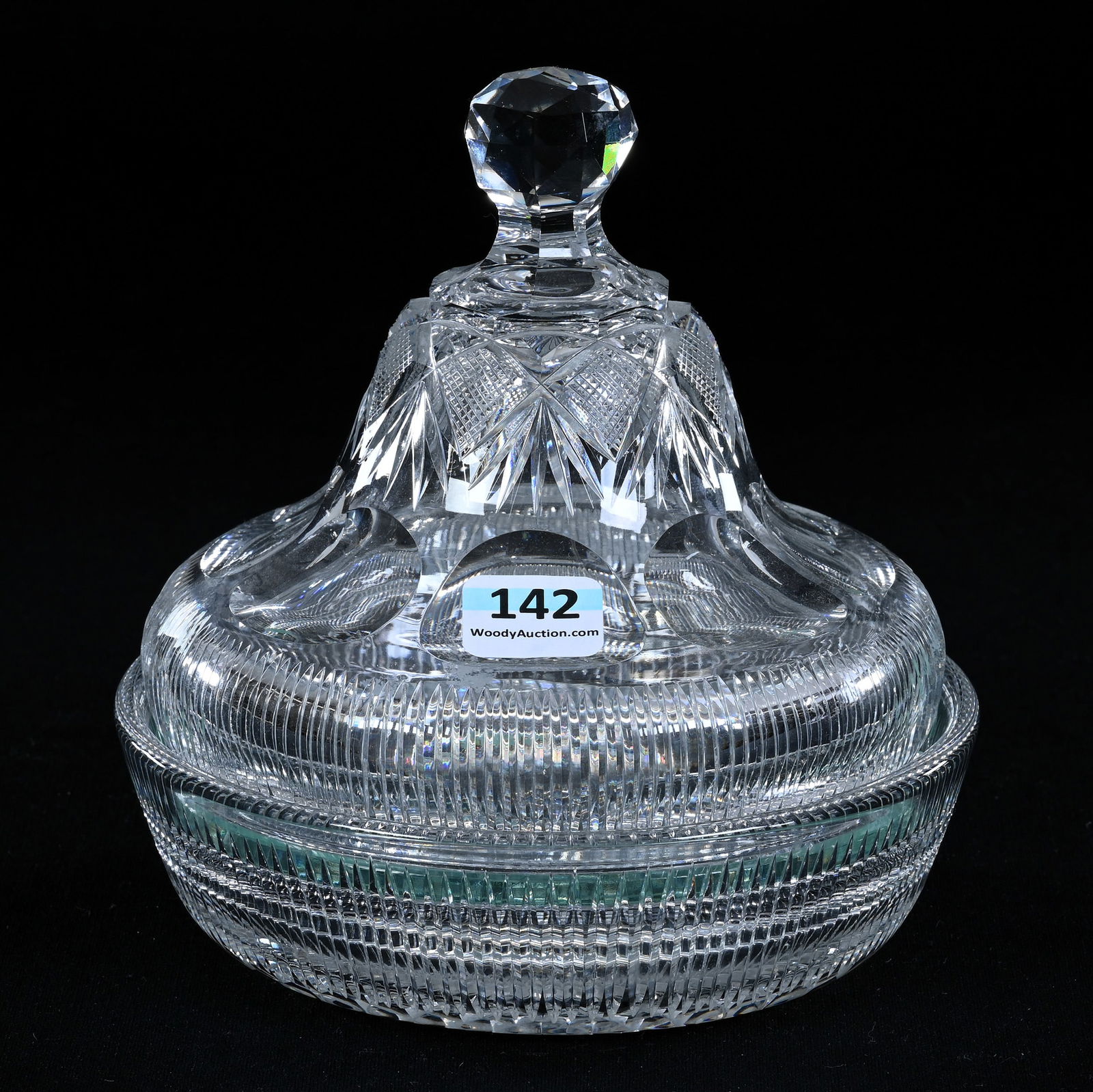 Pairpoint "Butter And Cover" Dish, American Brilliant Cut Glass, Prism Design: Pairpoint "Butter And Cover" Dish, American Brilliant Cut Glass, Prism Design, Pairpoint Blank No. 1136, Hobstar, Strawberry Diamond And Miter Motif, 5.75" x 5.75", Drainer Glass Insert, California Pr