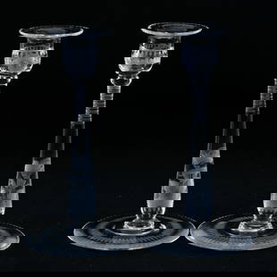 Pair Candlesticks, American Brilliant Cut Glass, Signed Libbey Engraved Floral Pattern: Pair Candlesticks, American Brilliant Cut Glass, Signed Libbey Engraved Floral Pattern, 8" x 4.125", One Candlestick Has Two Chips On Base Rim, California Private Collection.