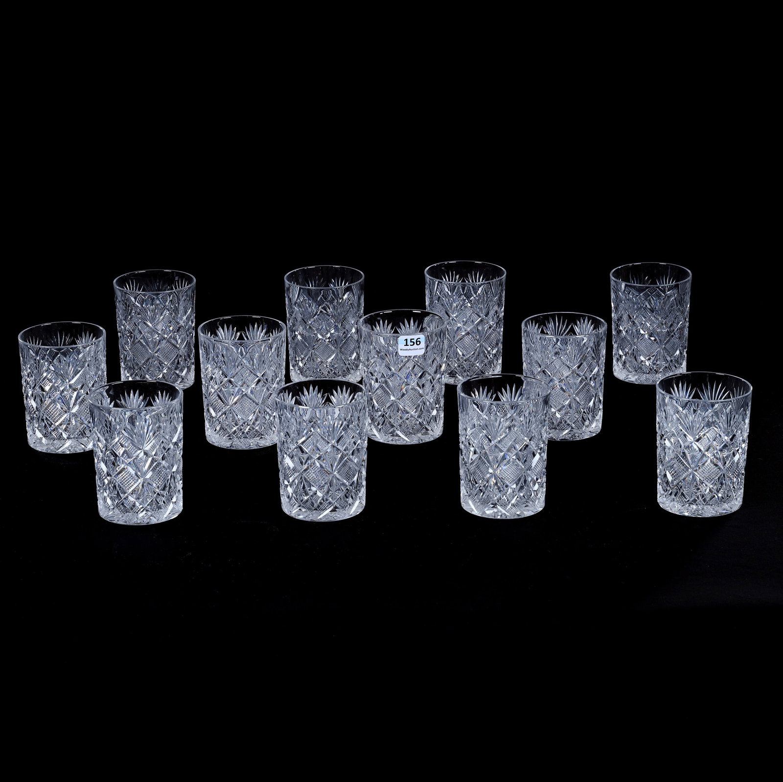 (12) Tumblers, American Brilliant Cut Glass, Venetian Pattern By Straus: (12) Tumblers, American Brilliant Cut Glass, Venetian Pattern By Straus, 3.75" x 2.875", Hobstar Base, Nice Set, California Private Collection.