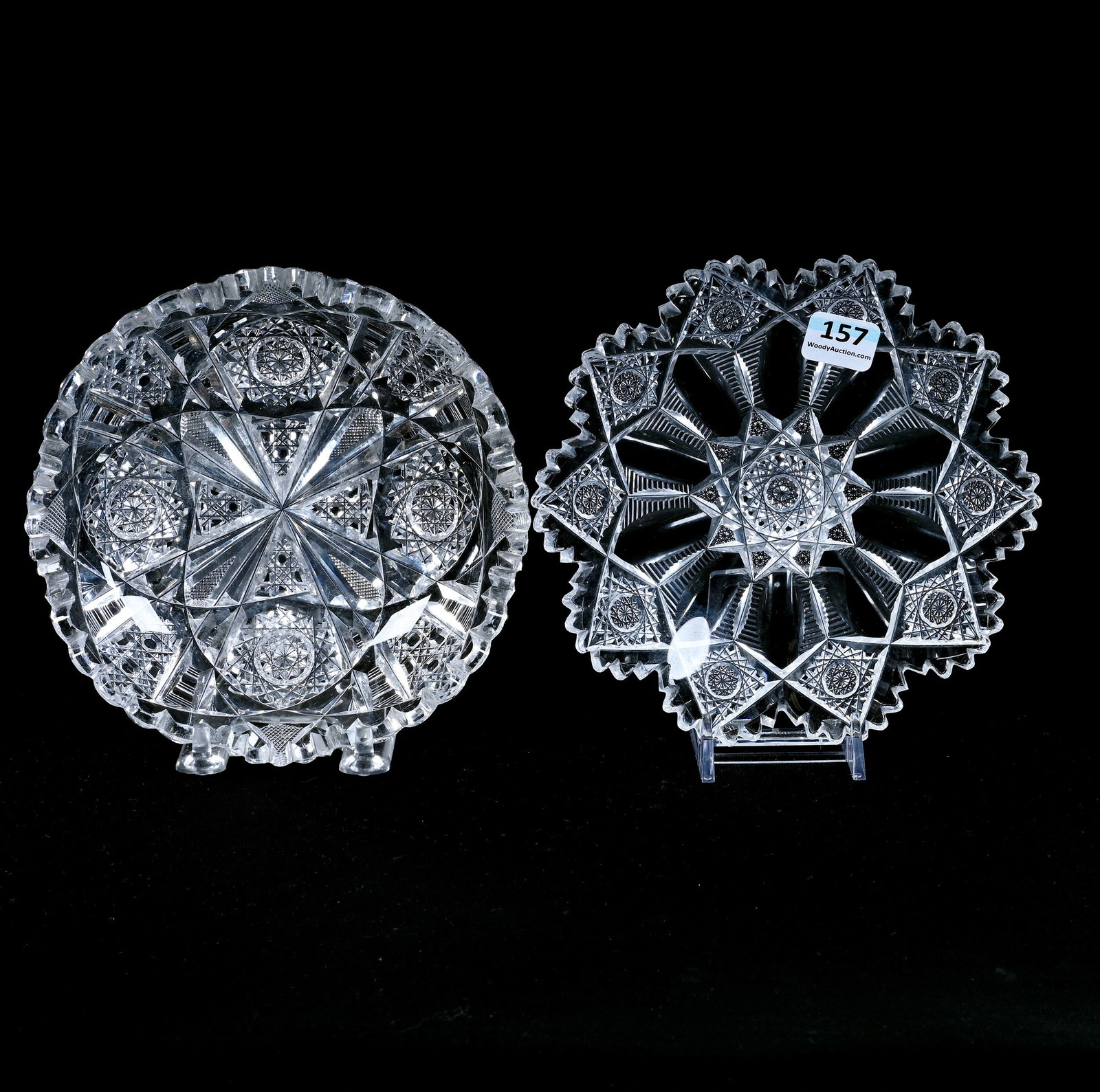 (2) Plates, American Brilliant Cut Glass: (2) Plates, American Brilliant Cut Glass, 6.25" approximately, (1) Cambria Pattern By Egginton, (1) Signed Hawkes Brunswick Pattern, Tooth Chip, California Private Collection.