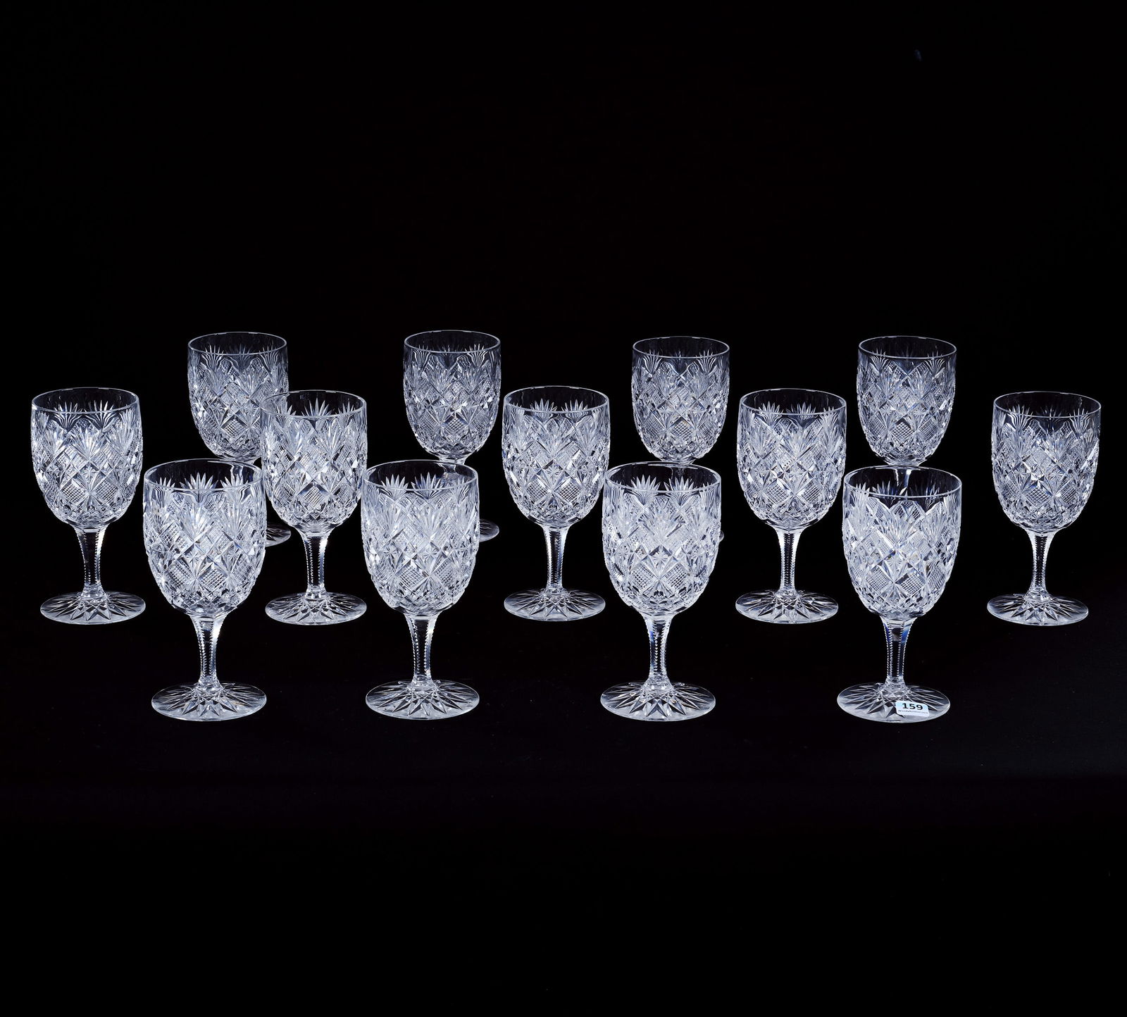 (13) Goblets, American Brilliant Cut Glass, Venetian Pattern By Straus: (13) Goblets, American Brilliant Cut Glass, Venetian Pattern By Straus, 6.25" x 3", Hobstar Foot, Nice Set, California Private Collection.