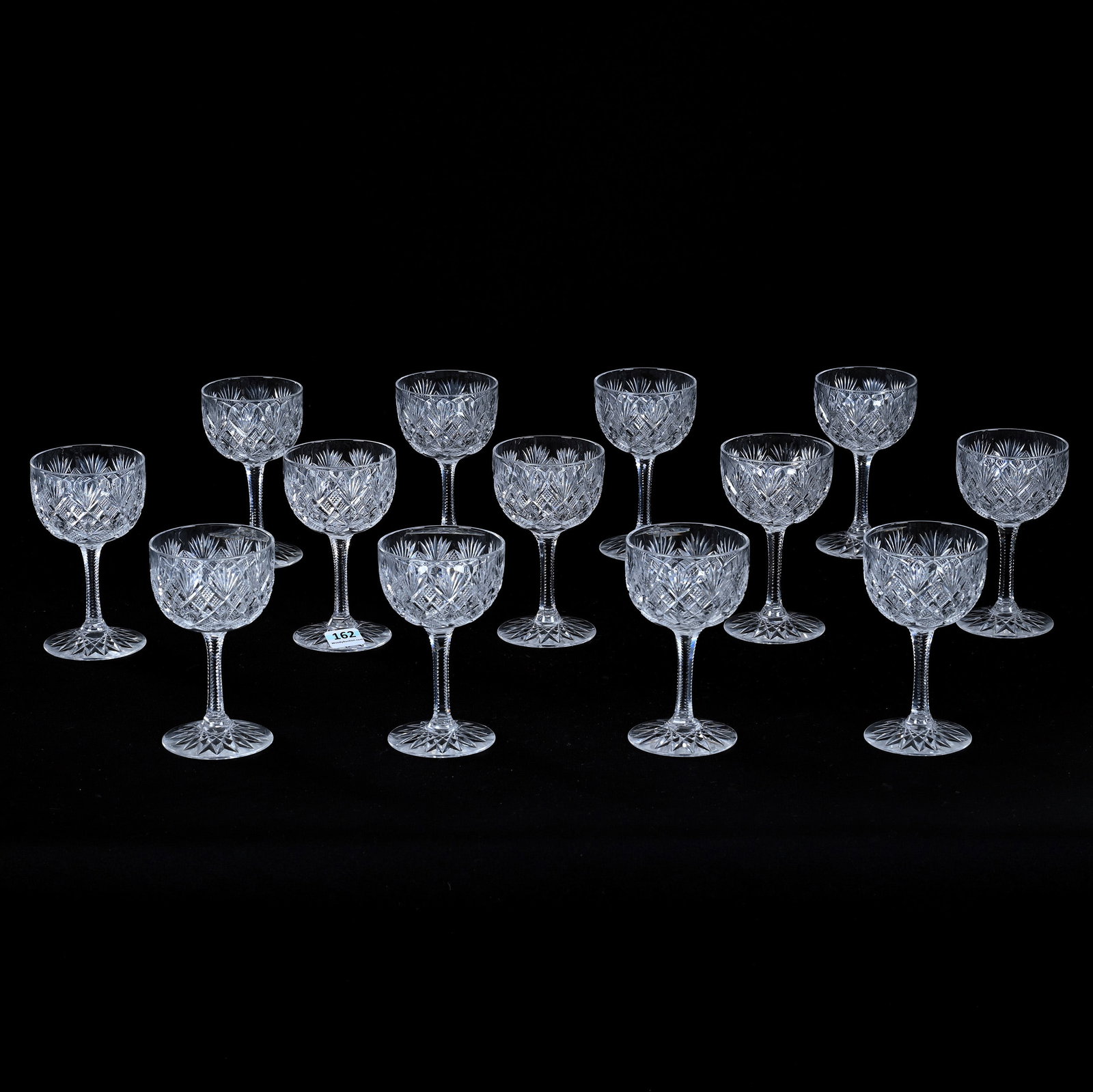 (13) Wine Stems, American Brilliant Cut Glass, Venetian Pattern By Straus: (13) Wine Stems, American Brilliant Cut Glass, Venetian Pattern By Straus, 4.5" x 2.625", Hobstar Foot, California Private Collection.